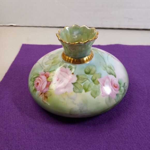 Vintage Vienna Austria Squat Vase Decorated Pink Roses Cottagecore Kitsch Grandm - Picture 1 of 7